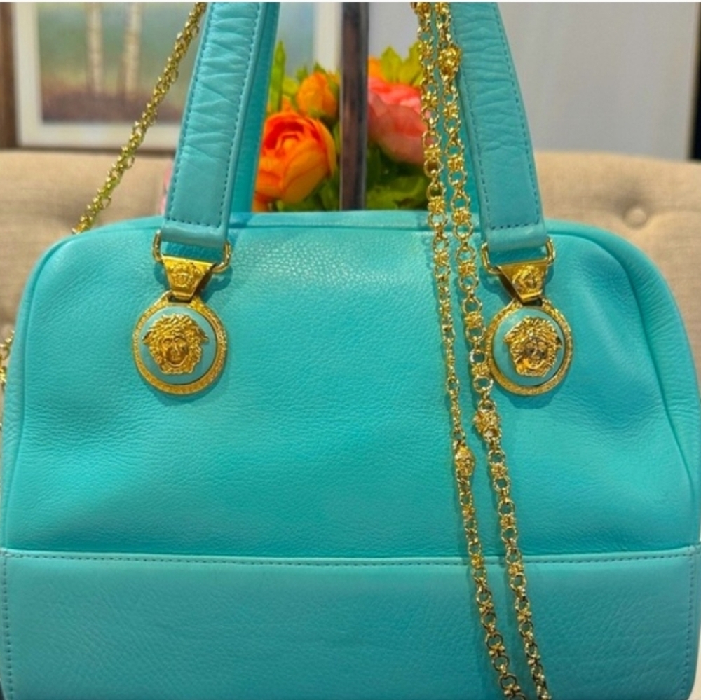 Rare Versace Aqua Leather Shoulder Bag with Gold Accents - Picture 4 of 17
